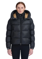 Black puffer jacket with brown hood on a white background