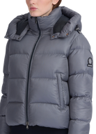 Gray puffer jacket with a brand logo on a white background