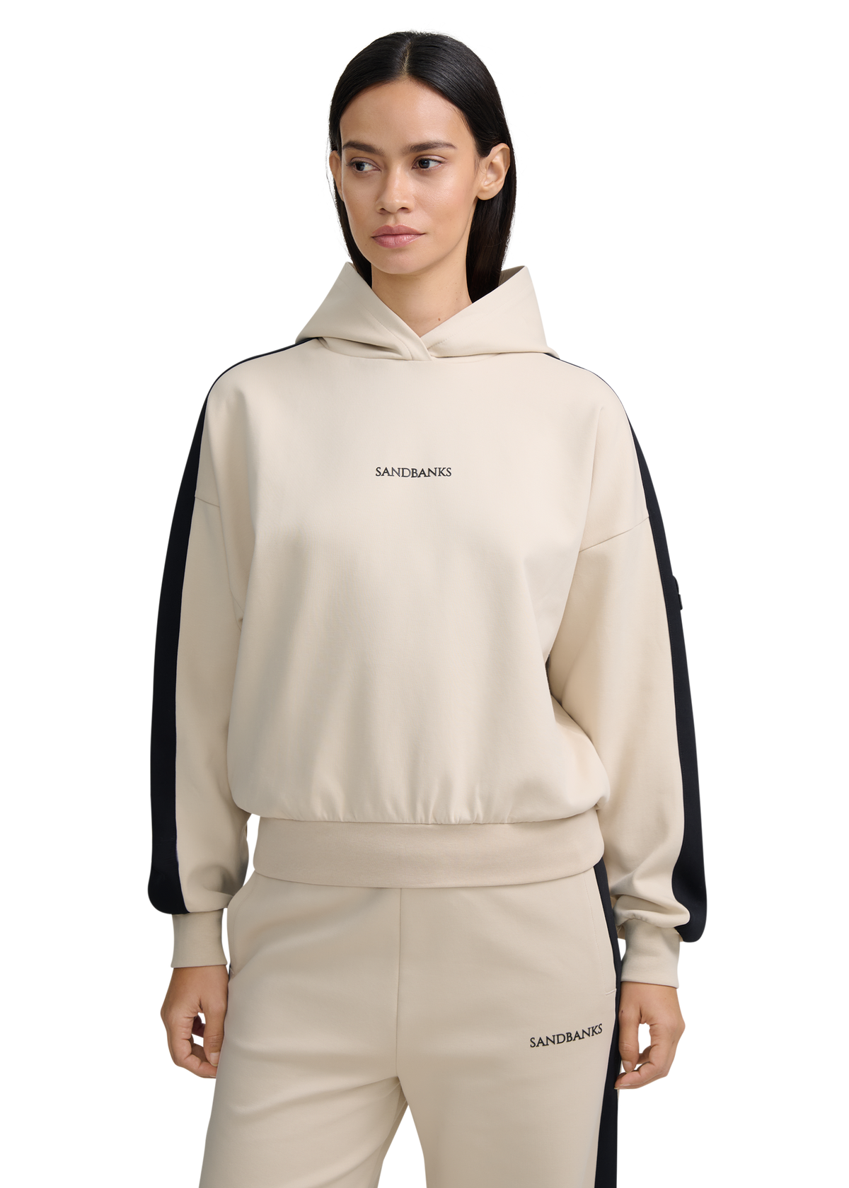Contrast Stripe Logo Hoodie - Stone