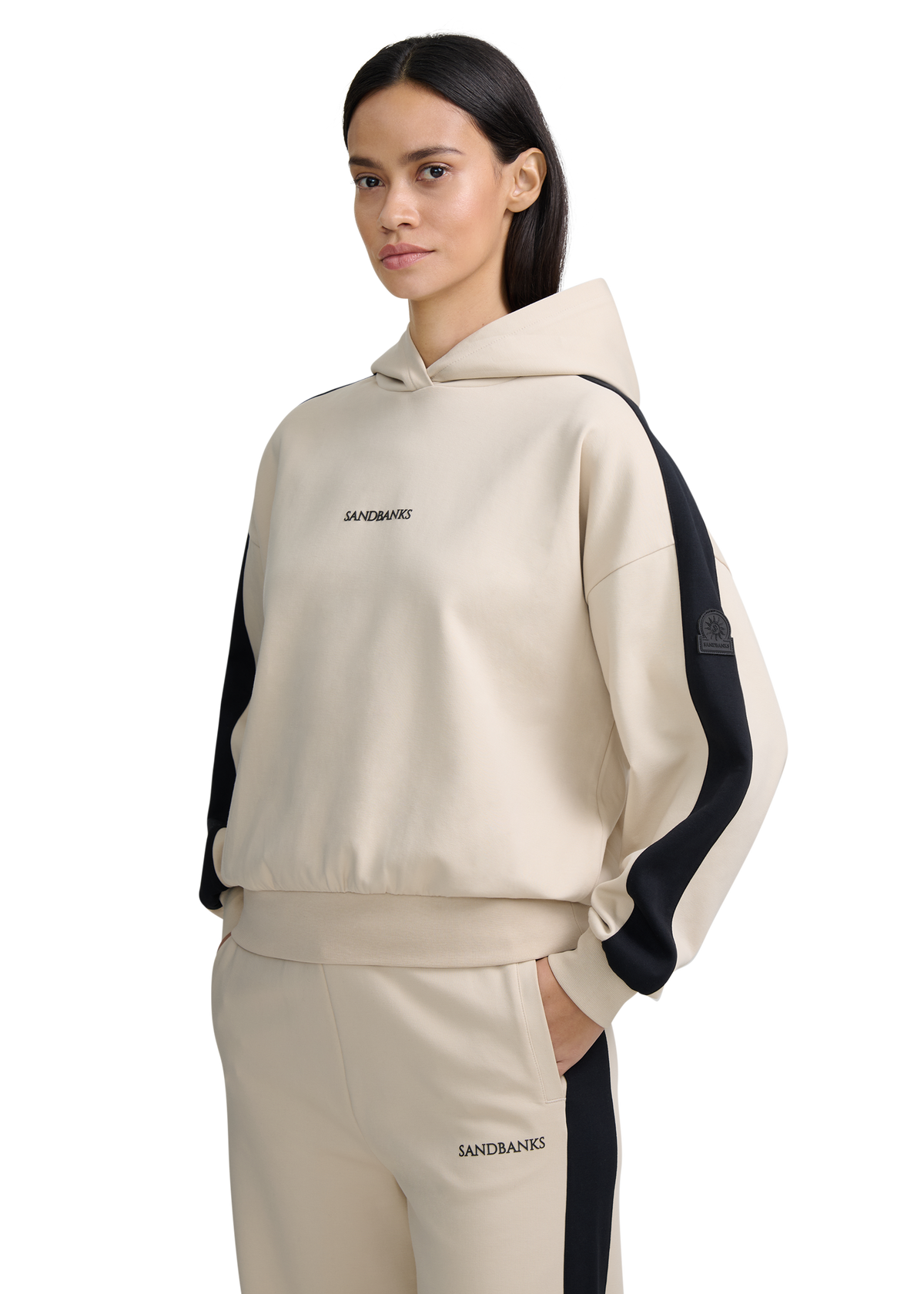 Contrast Stripe Logo Hoodie - Stone