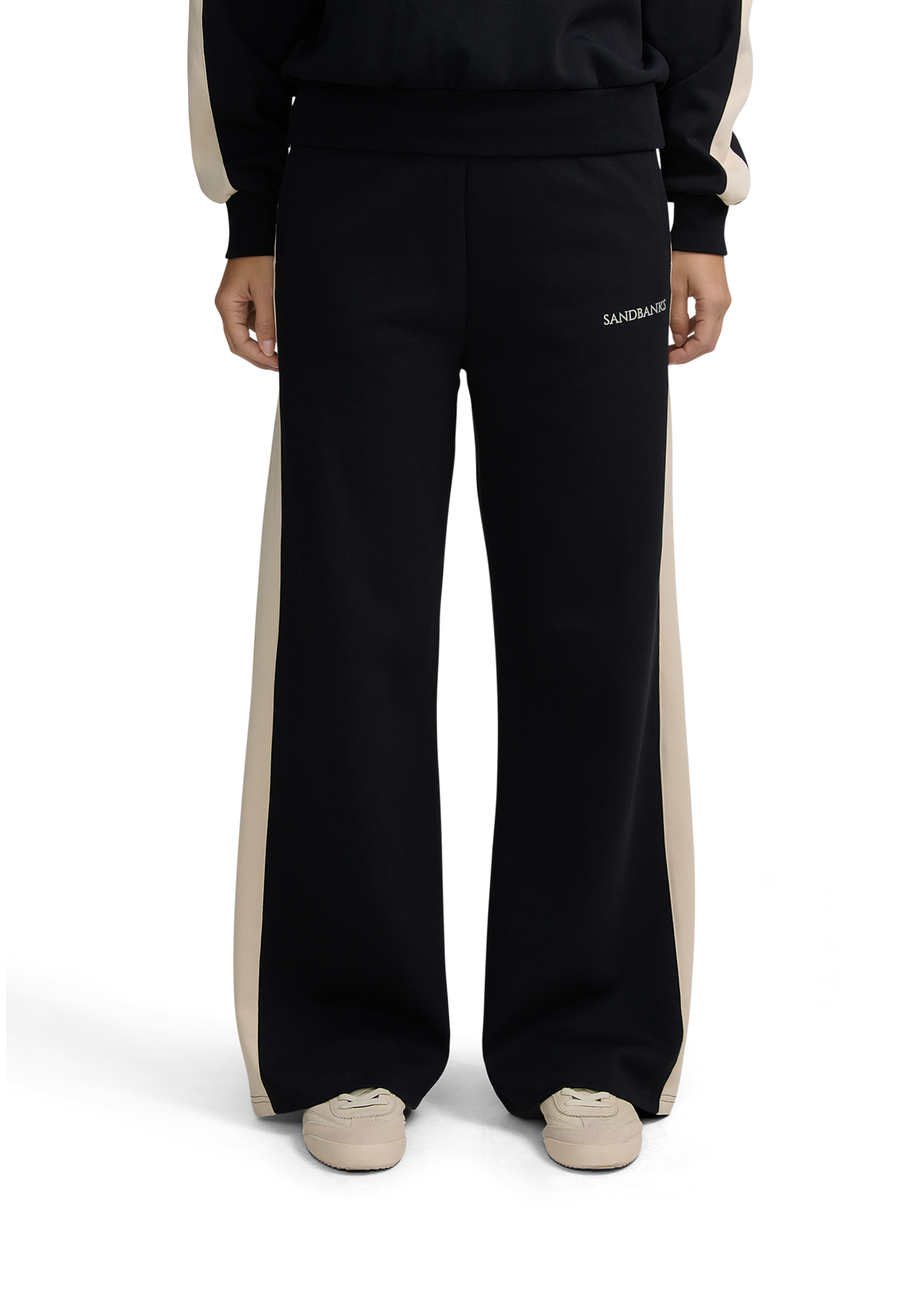Contrast Stripe Wide-Leg Joggers - Black