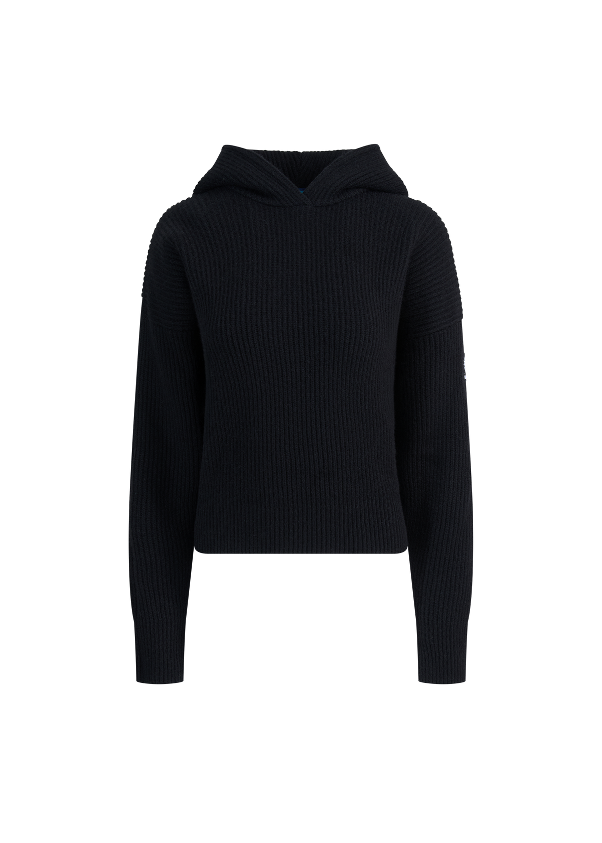 Wool Ribbed Knit Hoodie - Black