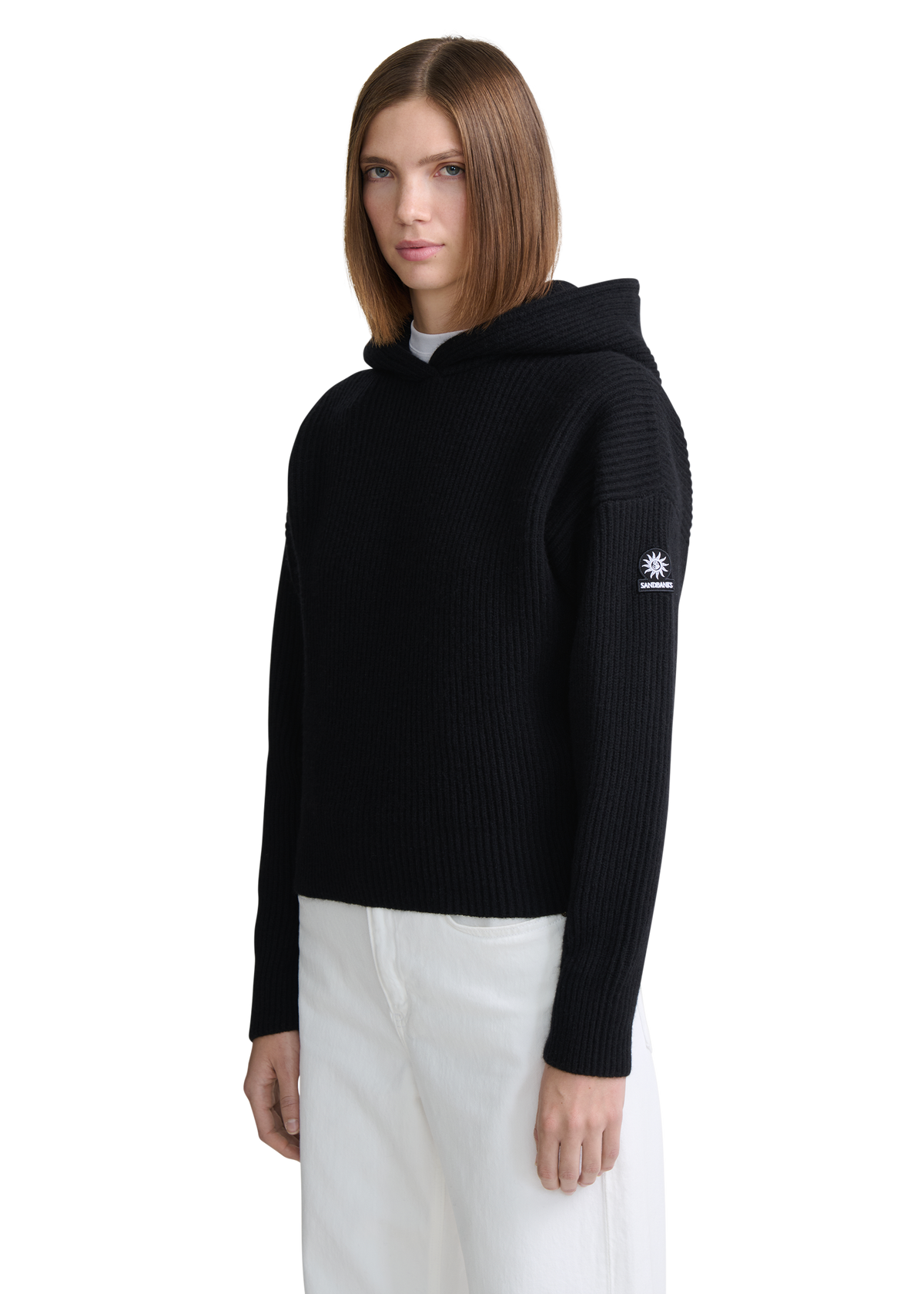 Wool Ribbed Knit Hoodie - Black