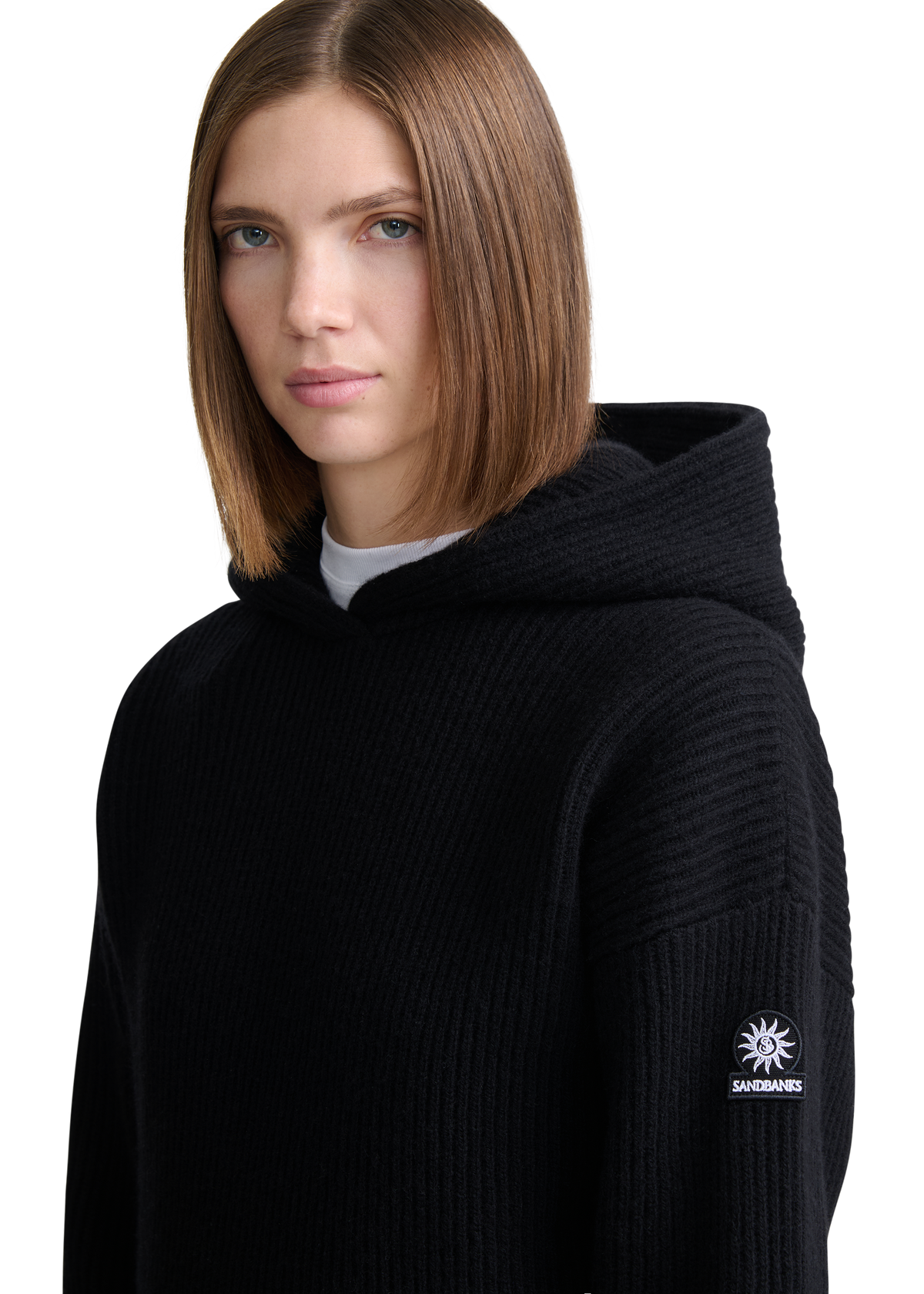 Wool Ribbed Knit Hoodie - Black