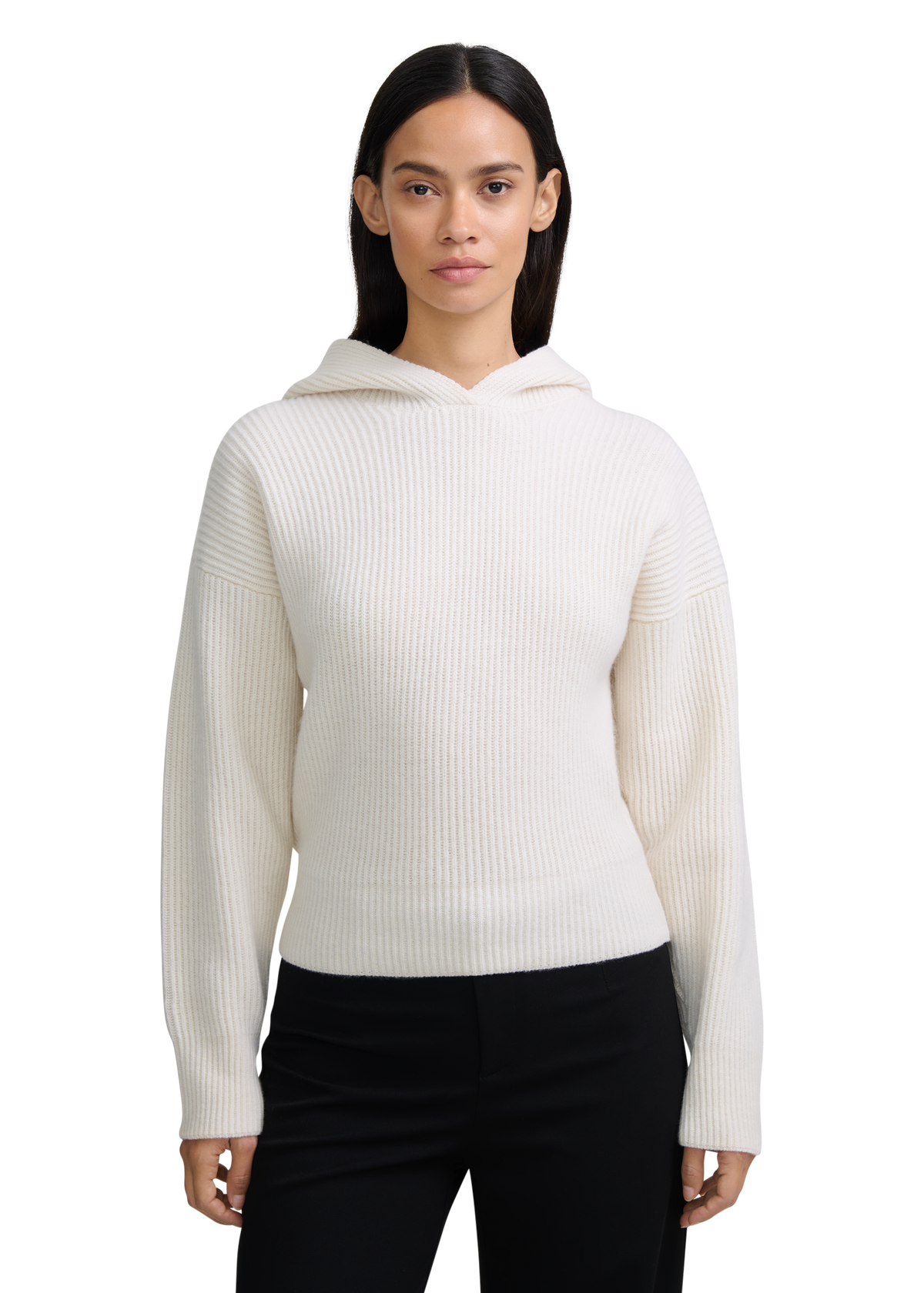 Wool Ribbed Knit Hoodie - Ecru