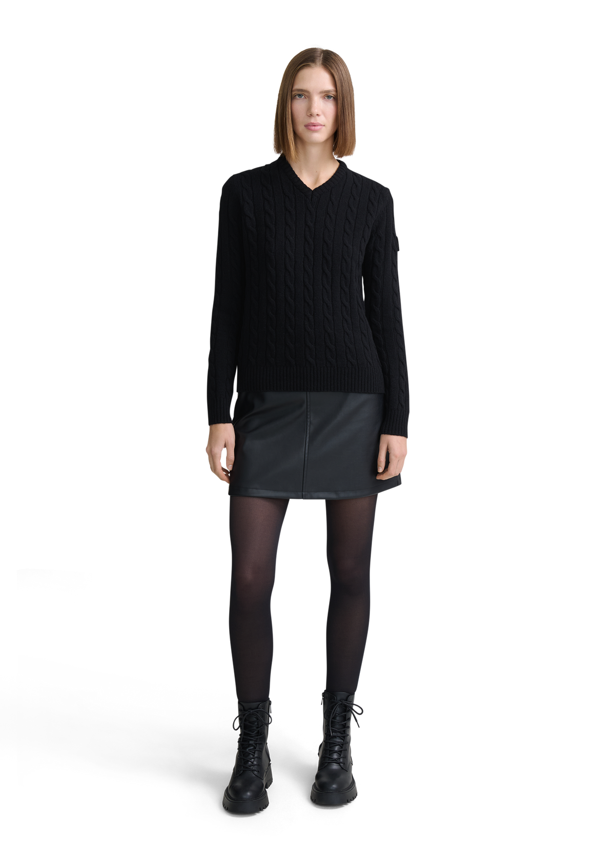 Cable Knit V-Neck Sweater - Black