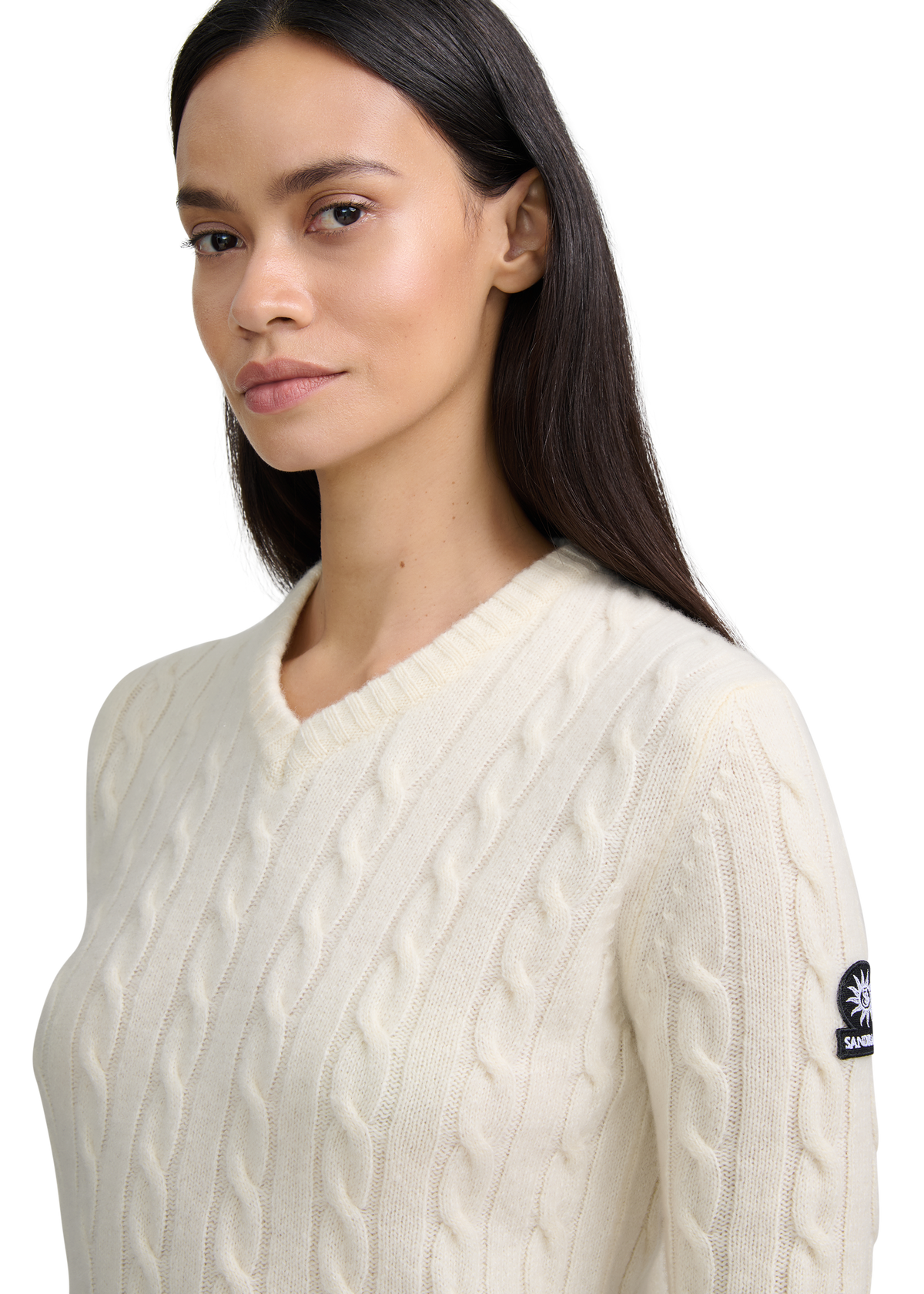 Cable Knit V-Neck Sweater - Ecru