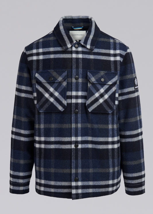 Sandbanks Badbury Check Quilted Wool Blend Overshirt - Navy