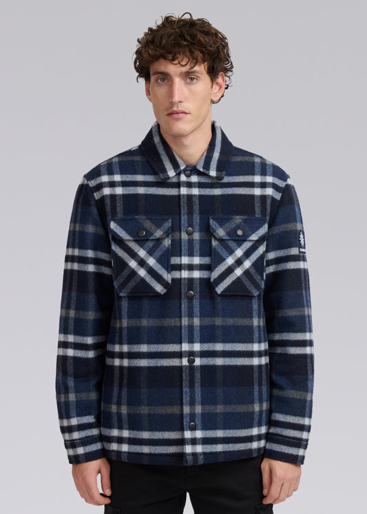 Sandbanks Badbury Check Quilted Wool Blend Overshirt - Navy