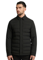 Man wearing a black puffer jacket on a white background