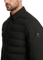 Black puffer jacket with a brand logo on a white background