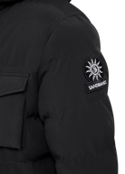 Black jacket with a patch on the sleeve featuring a sun design and text.