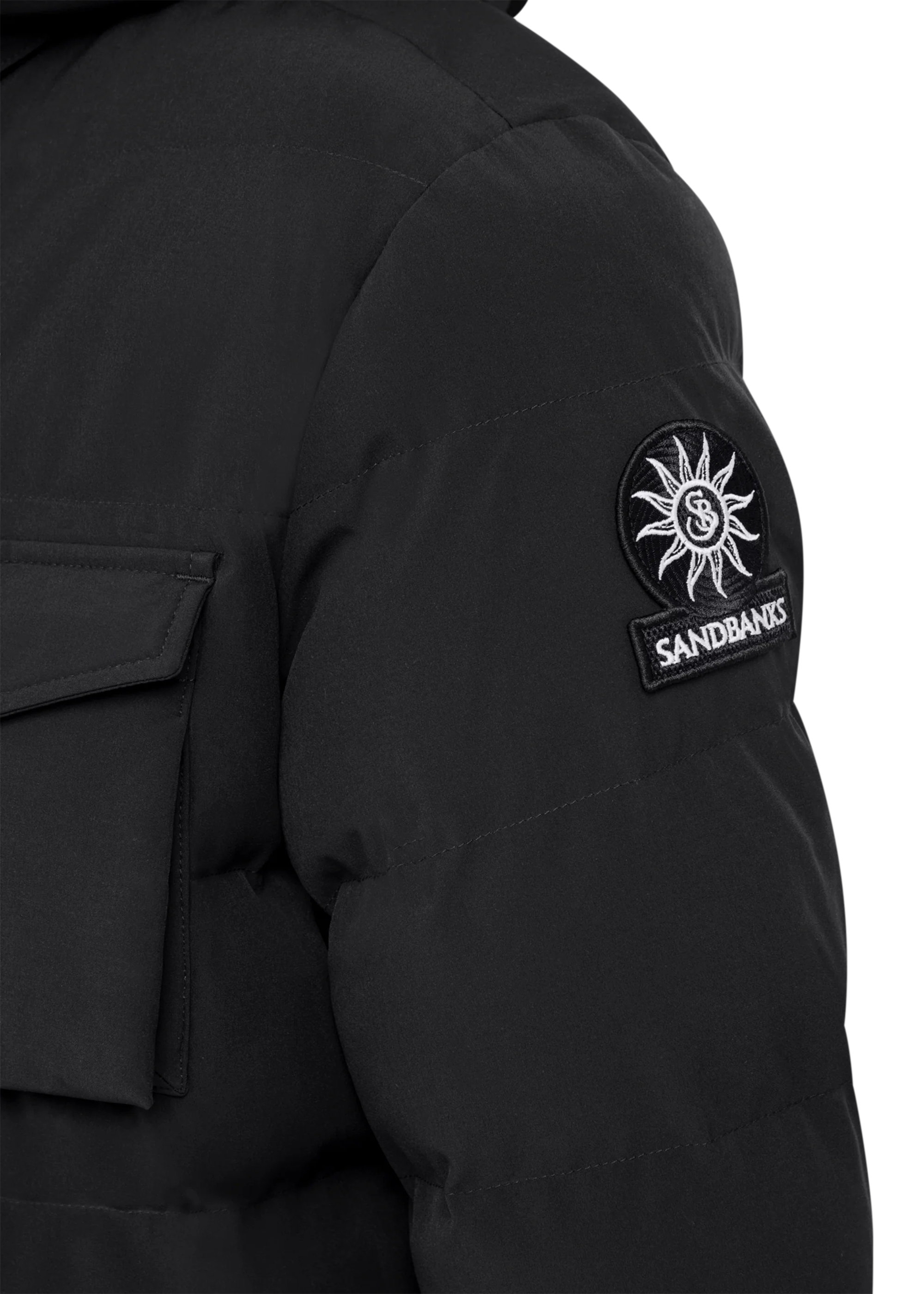 Black jacket with a patch on the sleeve featuring a sun design and text.