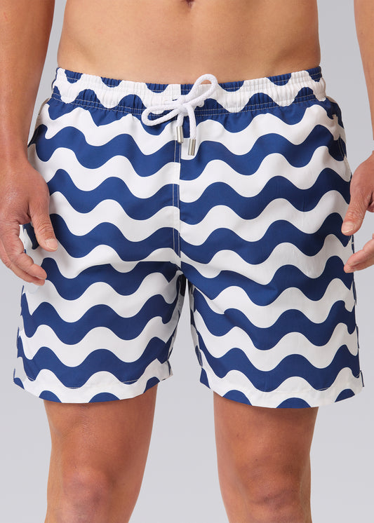 Sandbanks Geometric Wave Swim Shorts - Navy/White
