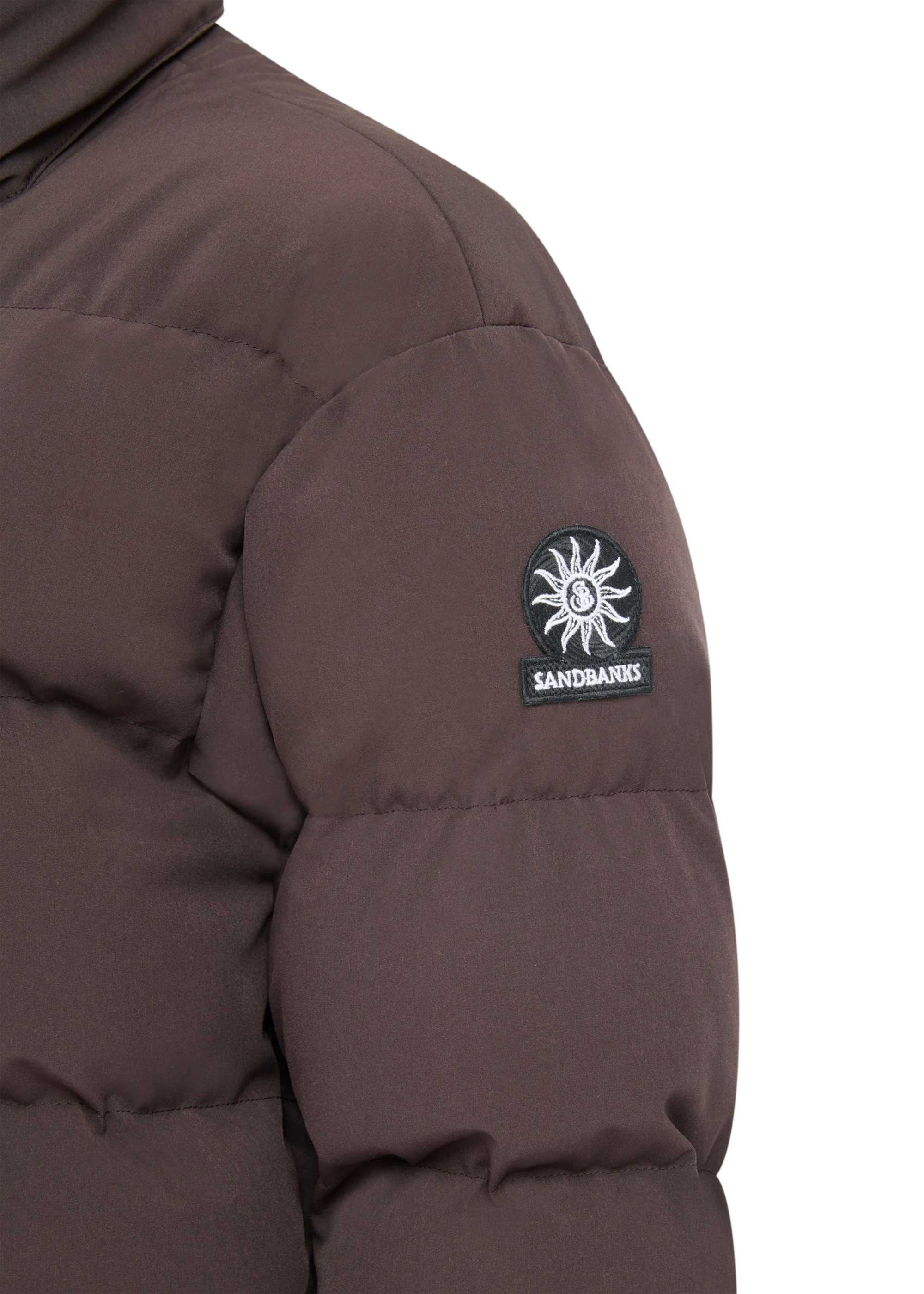 Brown puffer jacket with Sandbanks logo on sleeve