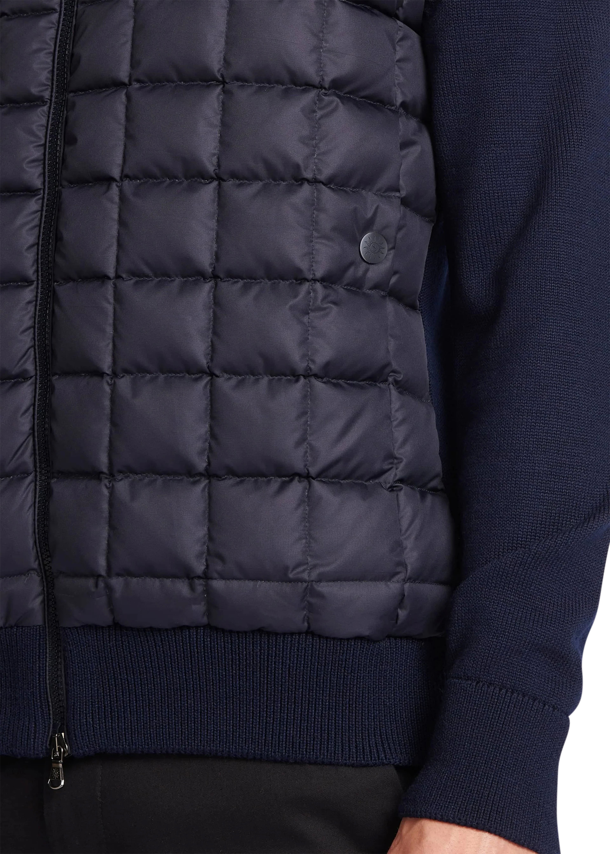 Navy quilted jacket with a close-up of the texture and zipper.
