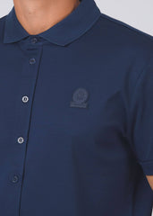Sandbanks Full Button Interlock Polo Shirt - Navy
