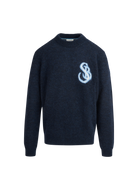 Navy sweater with a logo on a white background