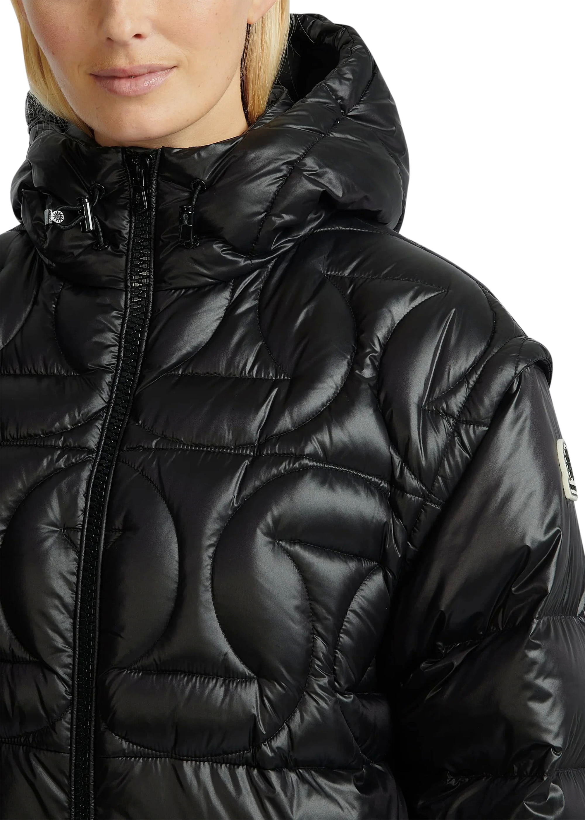 Black puffer jacket with a hood on a white background