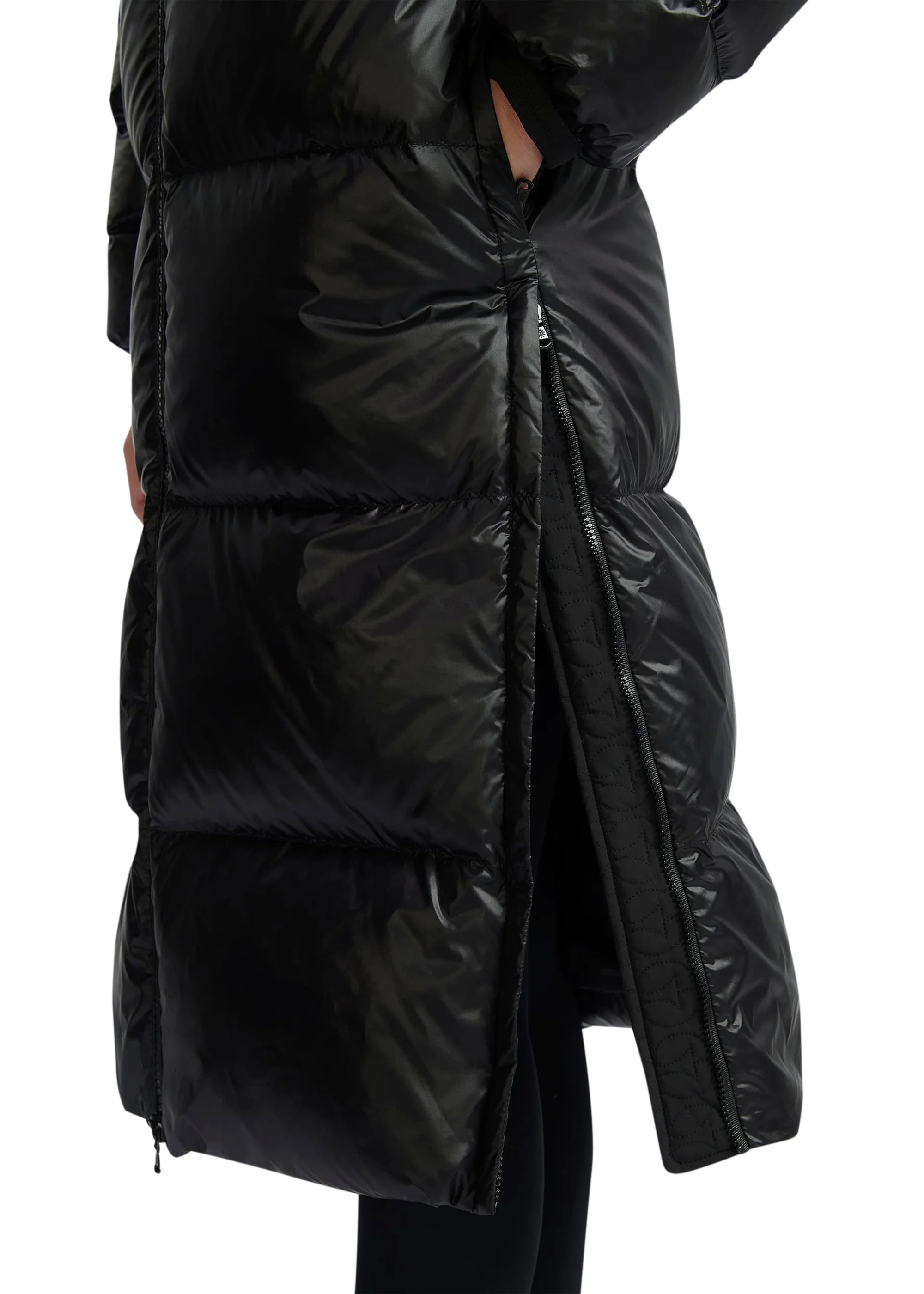 Black puffer coat on a white background