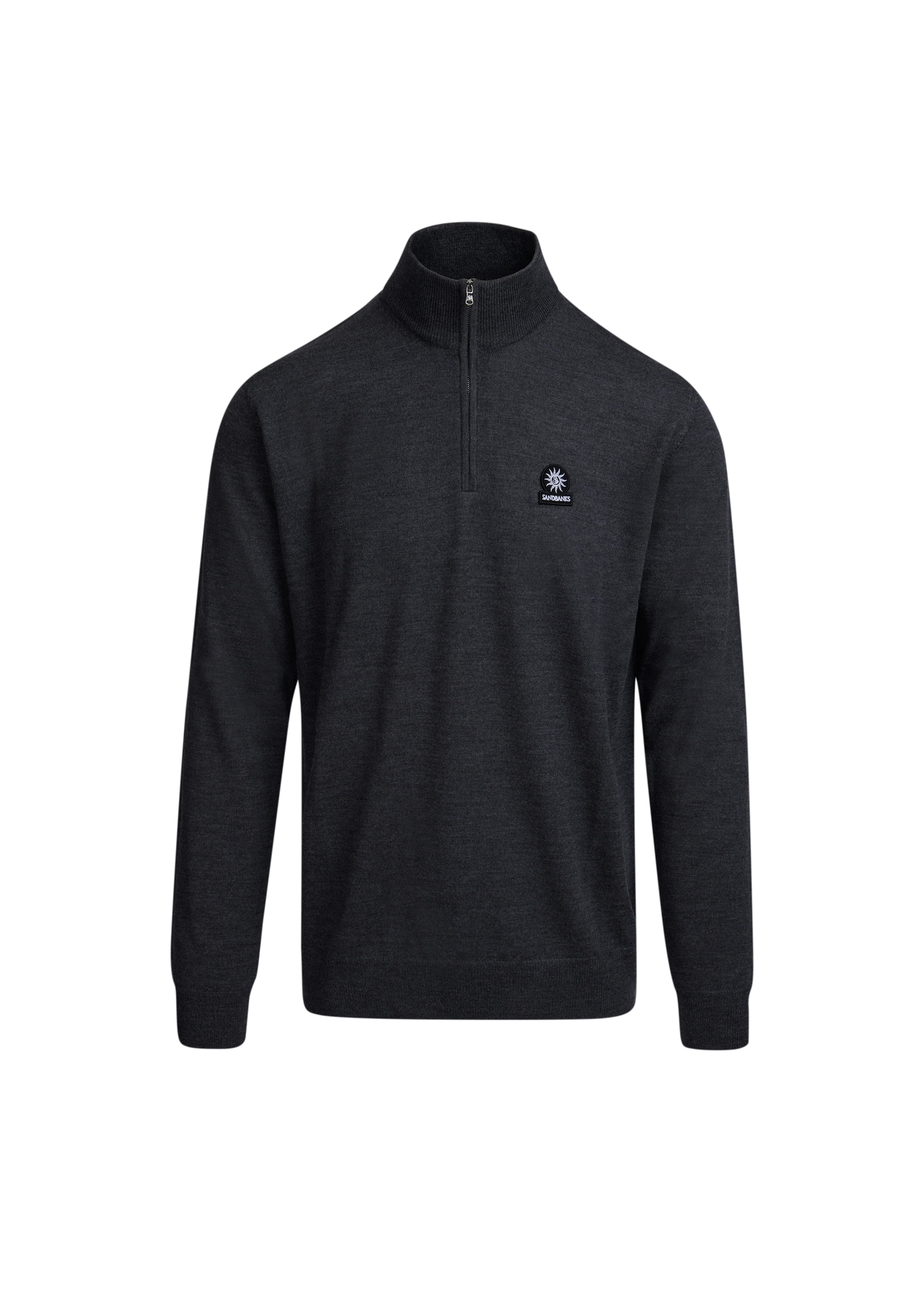 Black quarter-zip pullover with a logo on a white background
