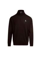 Black quarter-zip pullover with a logo on a white background