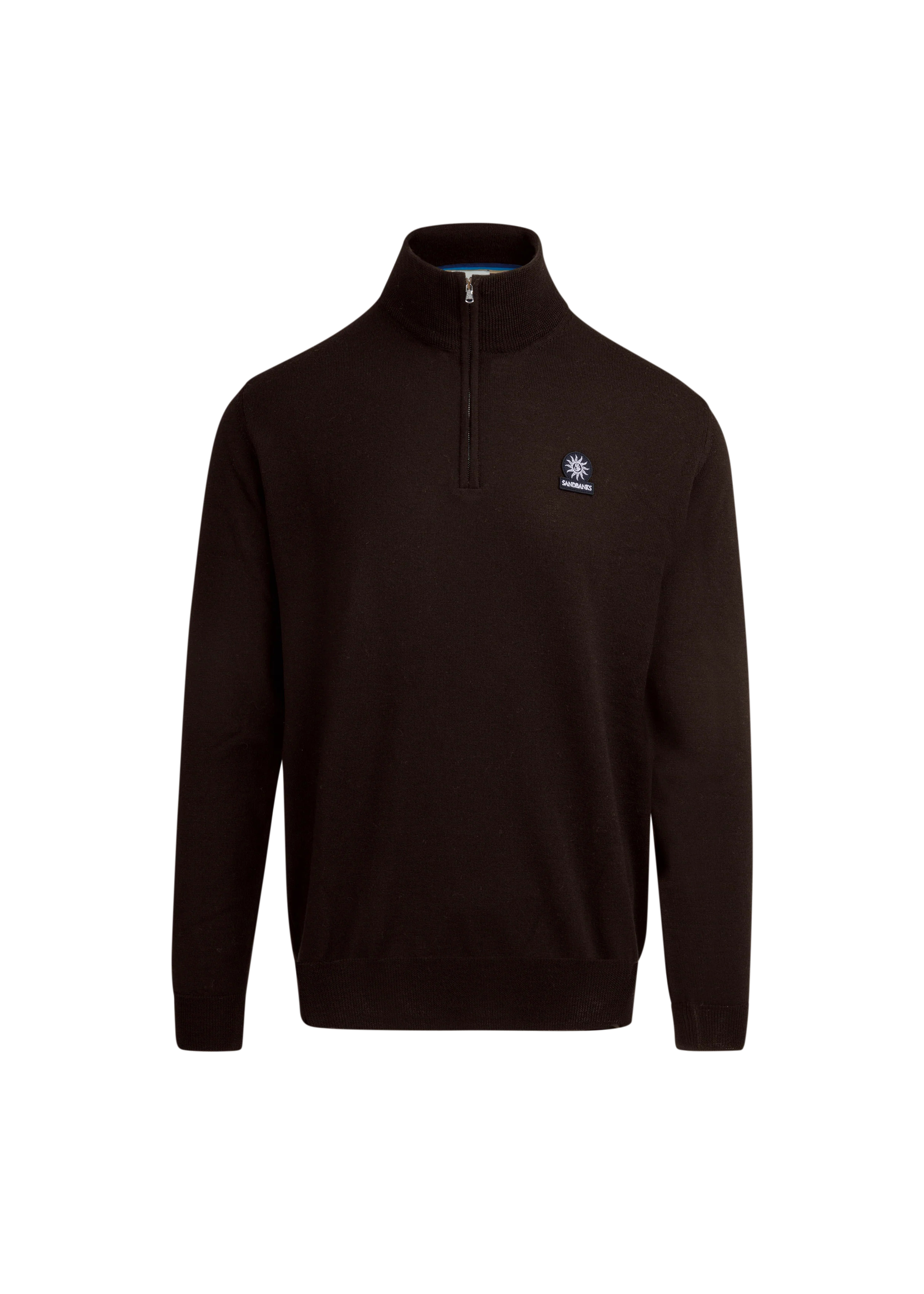 Black quarter-zip pullover with a logo on a white background
