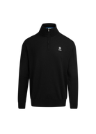 Black quarter-zip pullover with a logo on a white background