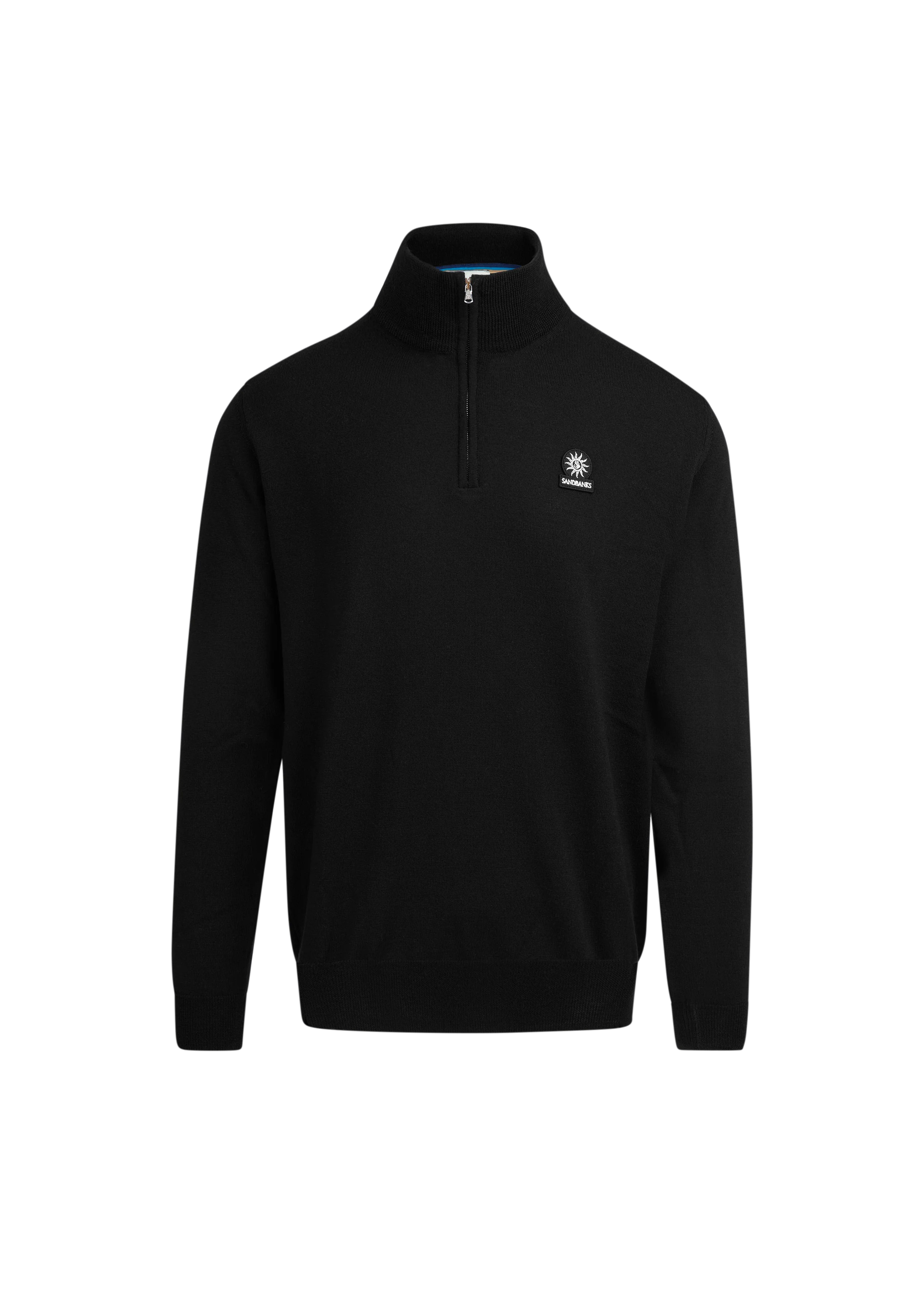 Black quarter-zip pullover with a logo on a white background