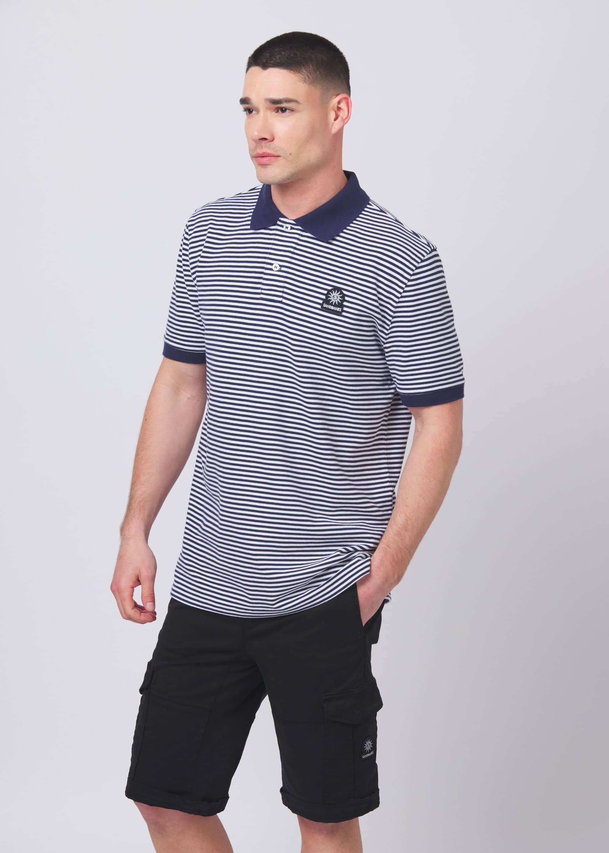 Sandbanks Badge Logo Stripe Polo Shirt - Navy - Sandbanks