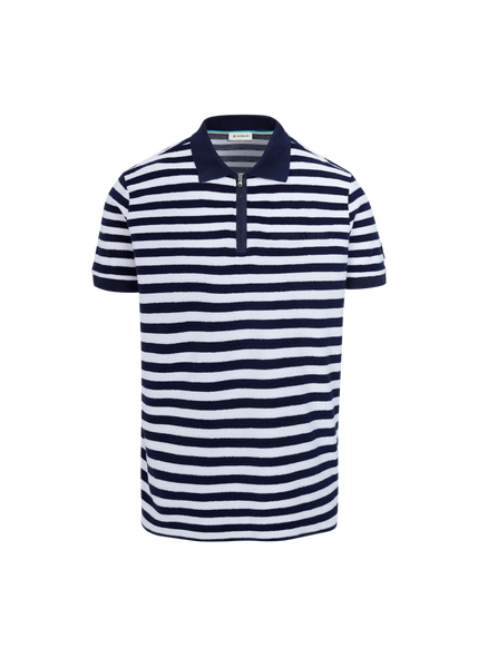 Sandbanks Striped Towelling Zip Polo Shirt - Navy/White
