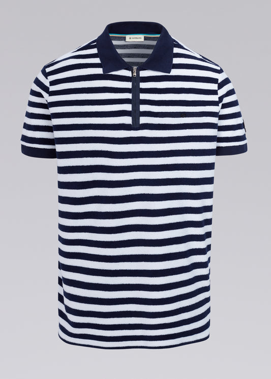 Sandbanks Striped Towelling Zip Polo Shirt - Navy/White