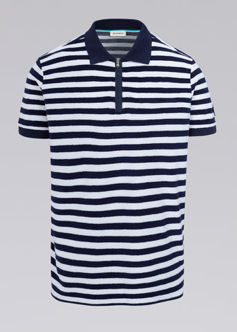 Sandbanks Striped Towelling Zip Polo Shirt - Navy/White