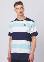 Sandbanks Badge Logo Wide Stripe T-Shirt - White/Navy/Crystal Blue