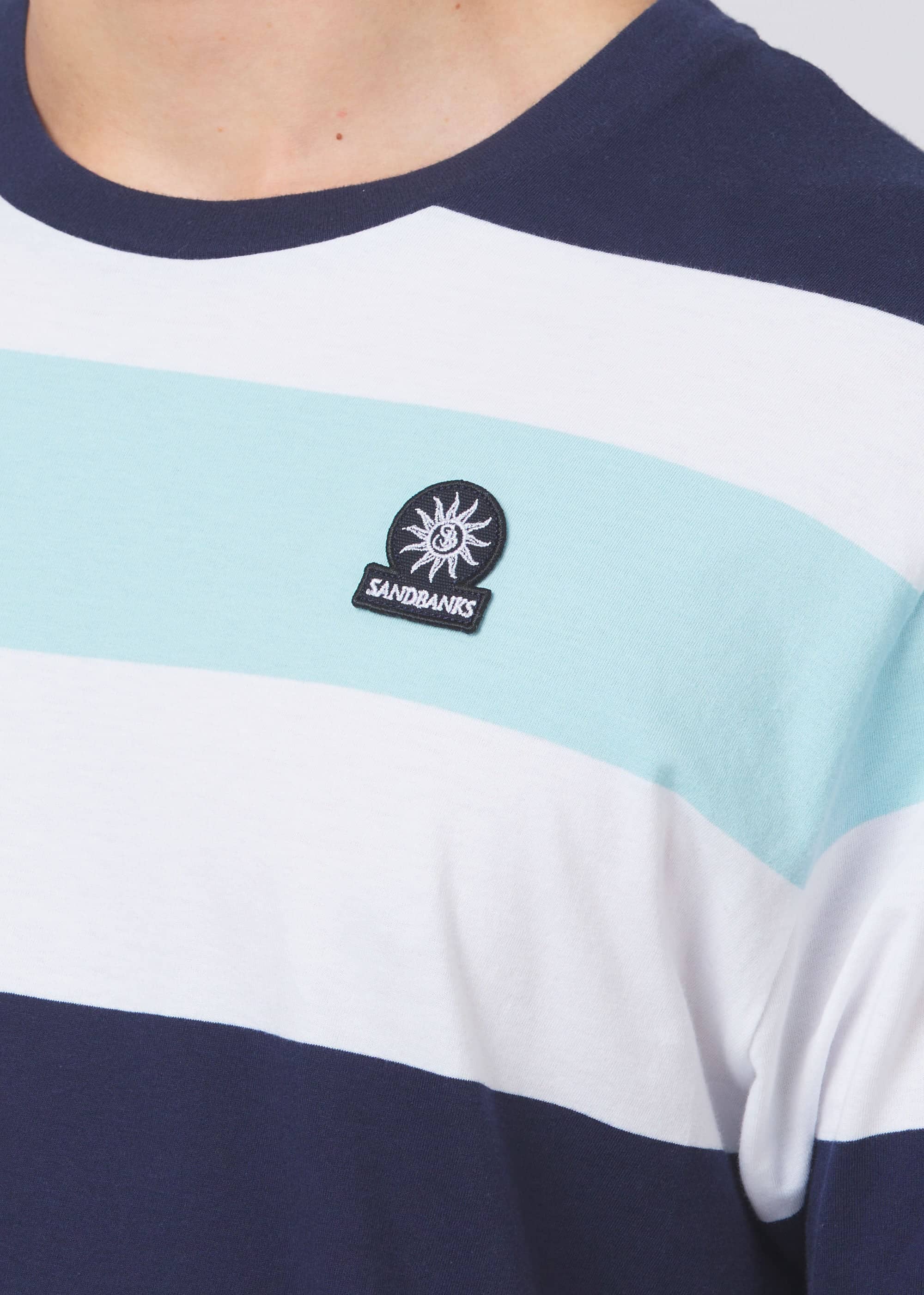 Sandbanks Badge Logo Wide Stripe T-Shirt - White/Navy/Crystal Blue