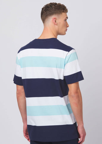 Sandbanks Badge Logo Wide Stripe T-Shirt - White/Navy/Crystal Blue