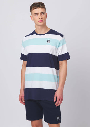 Sandbanks Badge Logo Wide Stripe T-Shirt - White/Navy/Crystal Blue