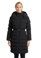 Woman wearing a black puffer coat on a white background