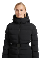 Woman wearing a black puffer jacket on a white background