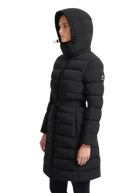 Black puffer coat with a hood on a white background