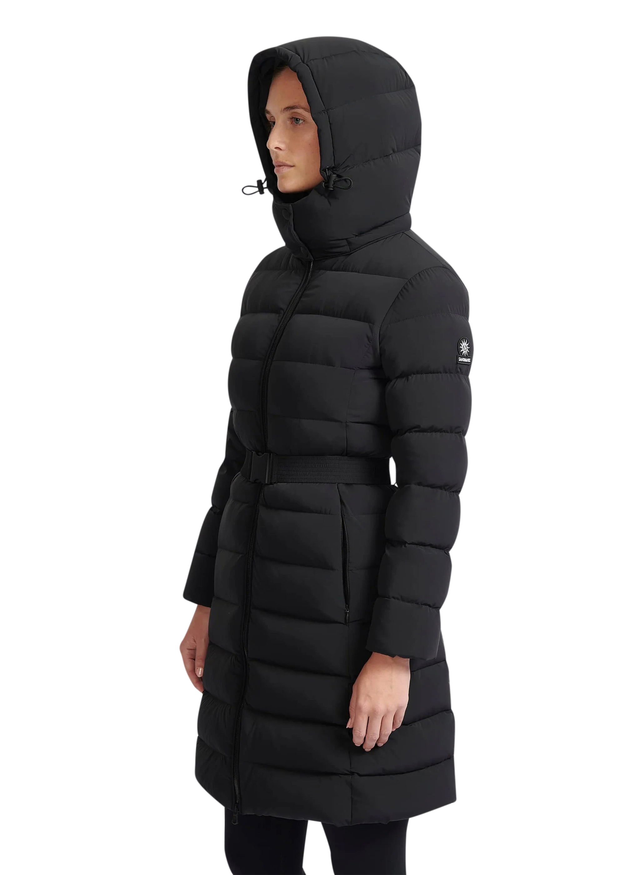 Black puffer coat with a hood on a white background