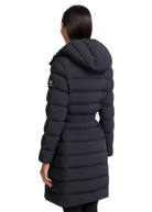 Person wearing a black puffer coat on a white background