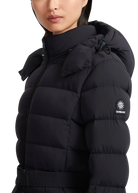 Black puffer jacket with a brand logo on a white background