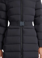 Close-up of a black puffer coat with a belt