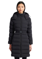 Woman wearing a black puffer coat on a white background