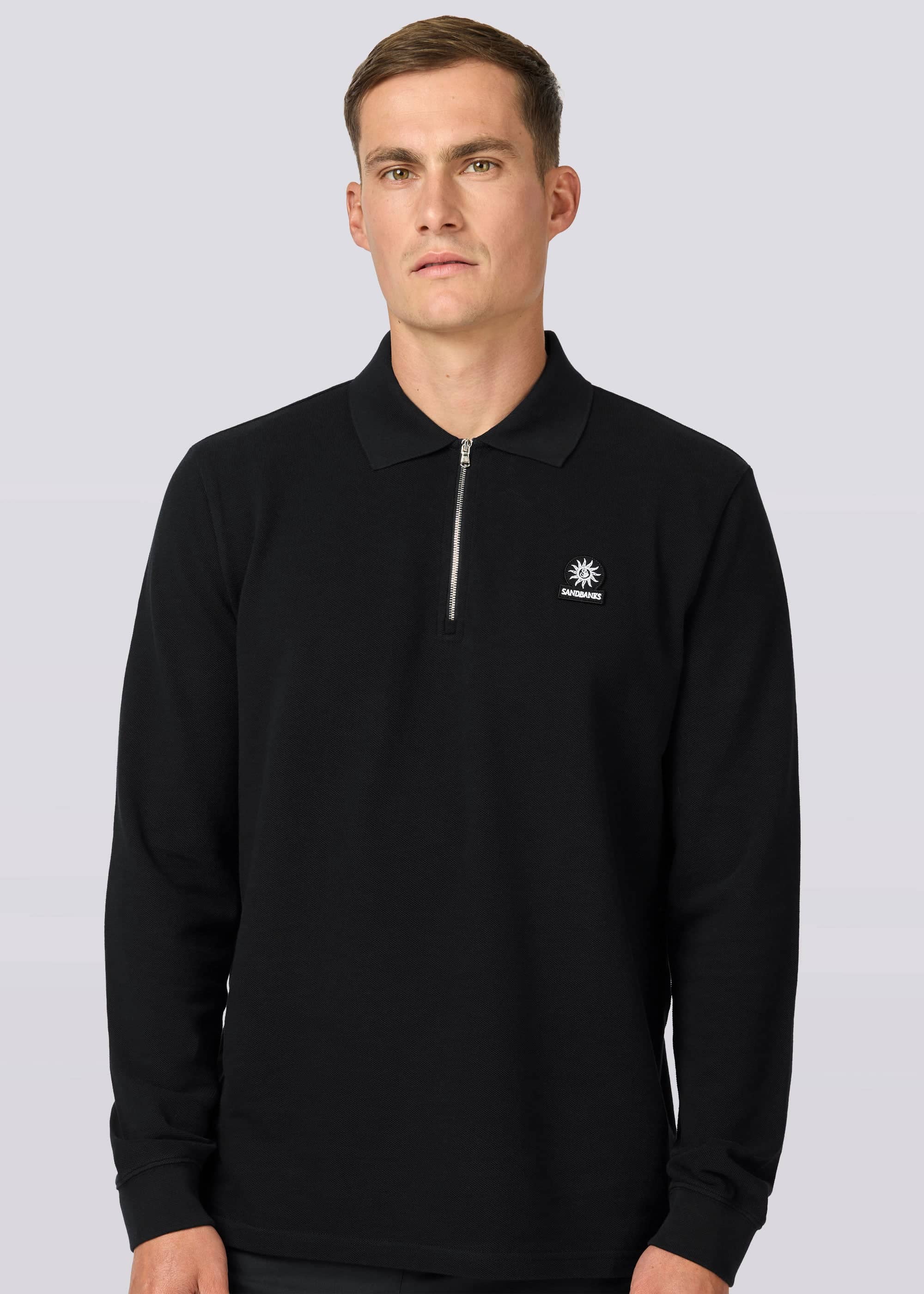 Sandbanks Badge Logo Long Sleeve Zip Polo Shirt - Black