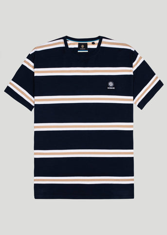 Sandbanks Badge Logo Resort Stripe T-Shirt - Navy/White/Sand - sandbanksco.com