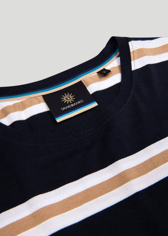 Sandbanks Badge Logo Resort Stripe T-Shirt - Navy/White/Sand - sandbanksco.com