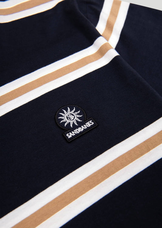 Sandbanks Badge Logo Resort Stripe T-Shirt - Navy/White/Sand - sandbanksco.com